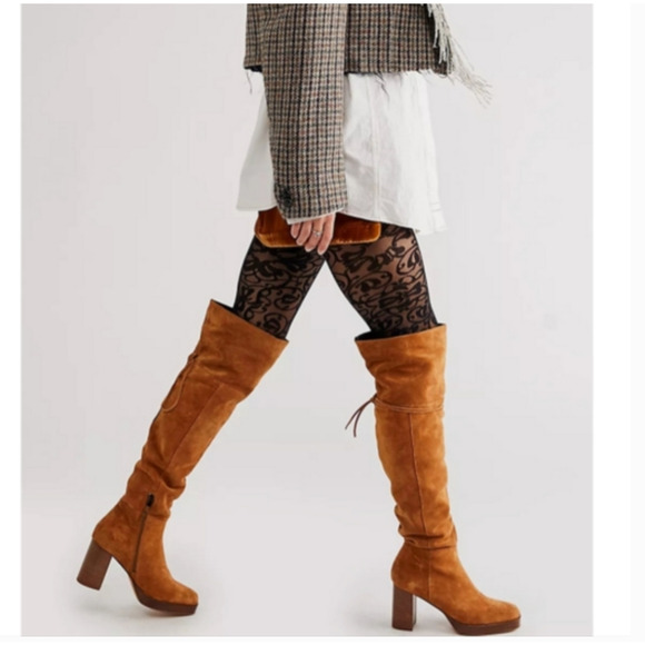 NWT FREE PEOPLE Suede Echo Platform Over The Knee Boots 8.5 Cognac Tan Camel - Picture 2 of 9